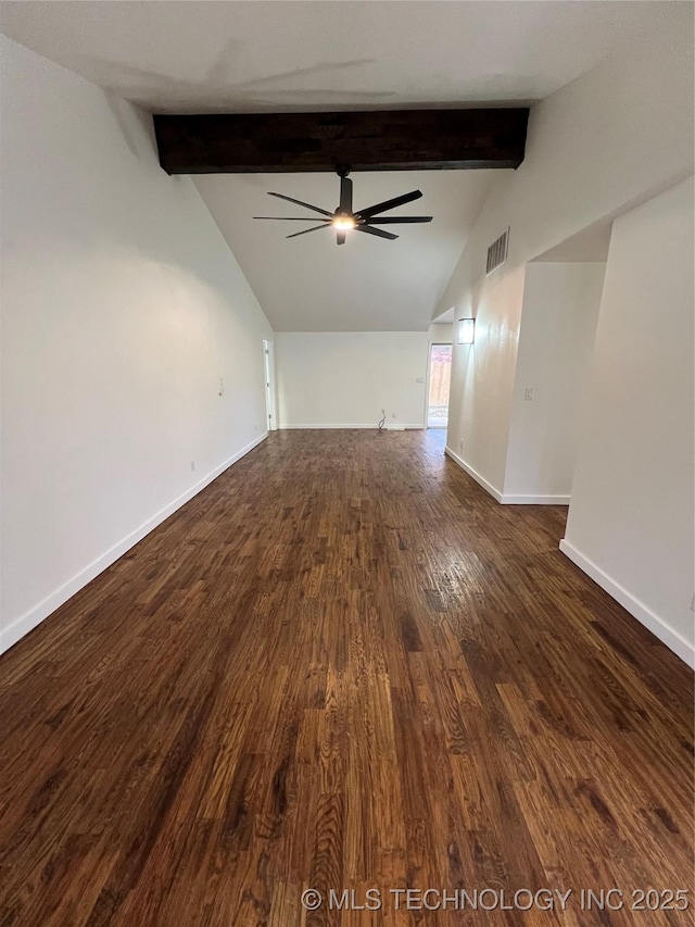 unfurnished living room featuring lofted ceiling with beams, ceiling fan, and dark wood-type flooring