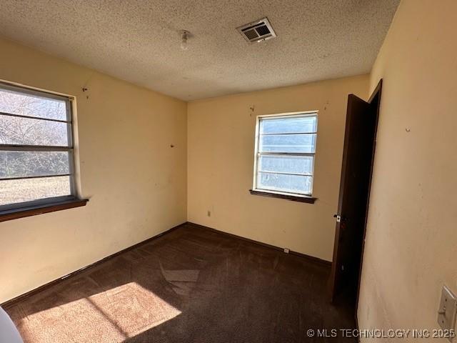 spare room with a textured ceiling, dark carpet, and plenty of natural light