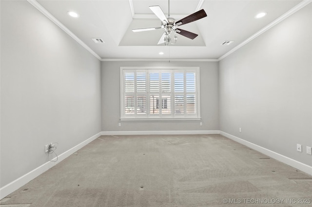 1109 W 84th Pl S, Tulsa, OK 74132 - empty room featuring carpet, a tray ceiling, ornamental molding, a ceiling fan, and recessed lighting