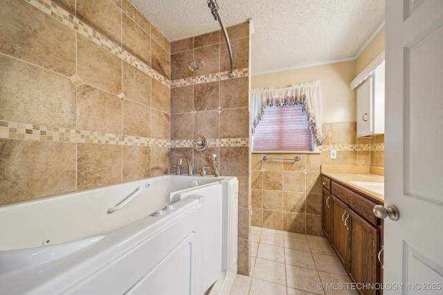 bathroom with vanity, plus walk in shower, tile patterned floors, tile walls, and a textured ceiling