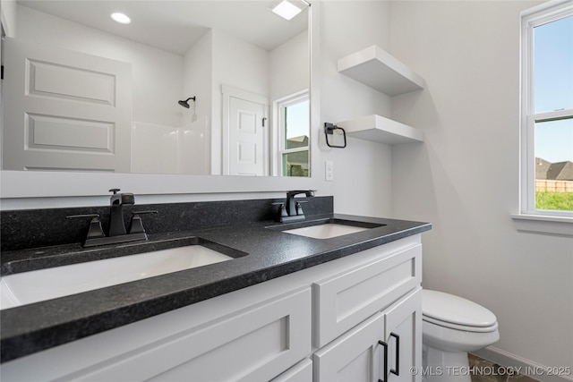 bathroom with vanity, toilet, and walk in shower