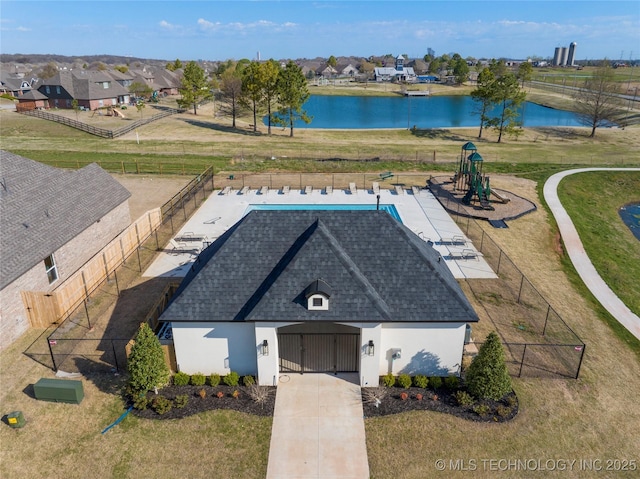 aerial view featuring a water view