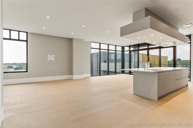 kitchen with a large island, light hardwood / wood-style floors, white cabinetry, and sink