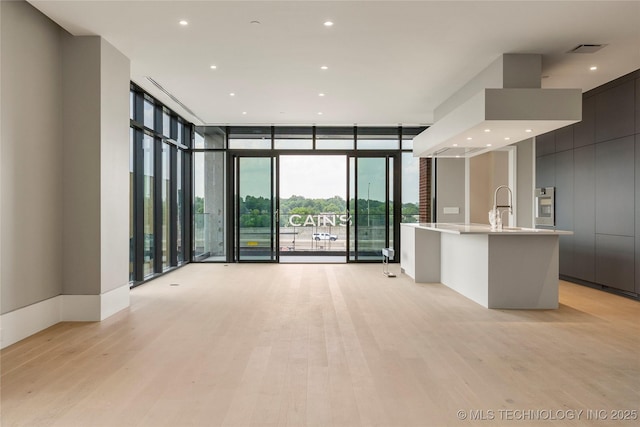 unfurnished living room featuring floor to ceiling windows, light hardwood / wood-style floors, and sink