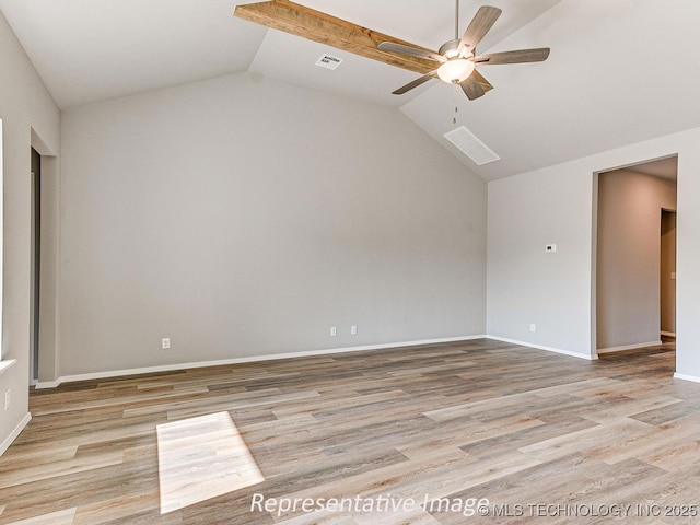 empty room featuring lofted ceiling with beams, light hardwood / wood-style floors, and ceiling fan