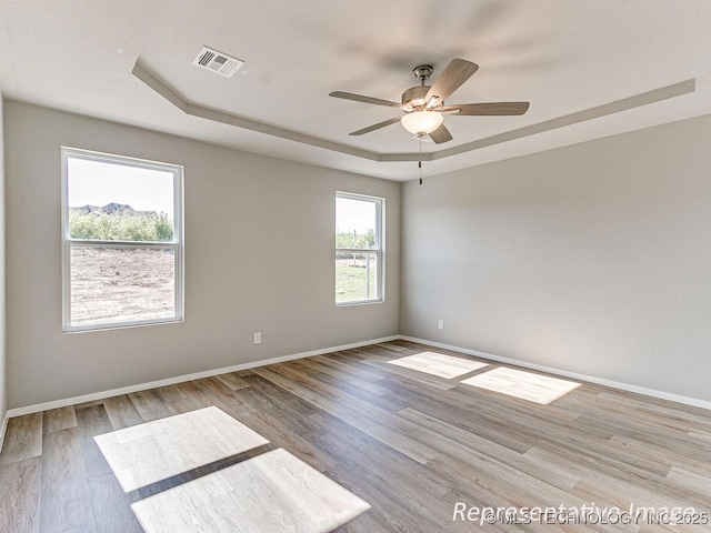 empty room featuring a tray ceiling, a wealth of natural light, ceiling fan, and light wood-type flooring