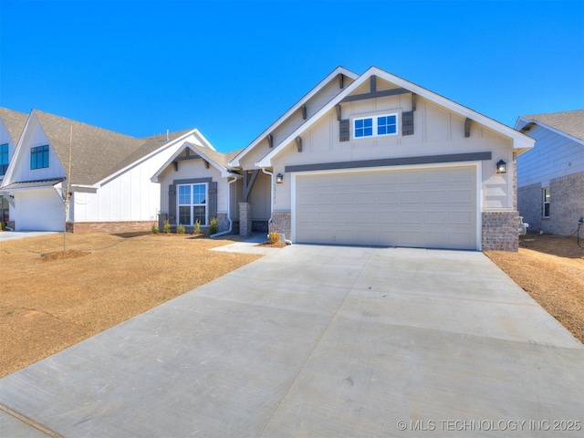 craftsman inspired home featuring stone siding, board and batten siding, an attached garage, and driveway