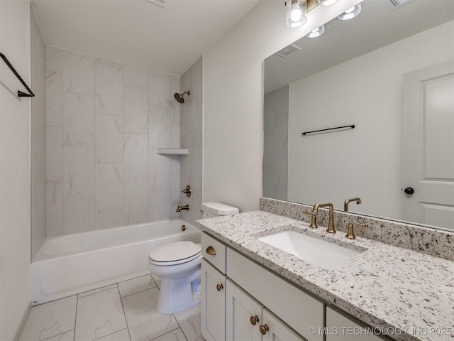 bathroom featuring visible vents, toilet, marble finish floor, bathtub / shower combination, and vanity