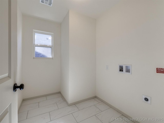 laundry room with laundry area, marble finish floor, electric dryer hookup, and visible vents