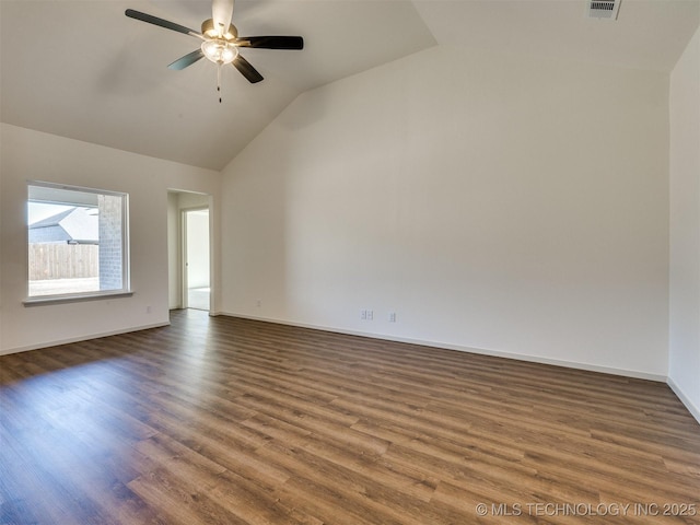 unfurnished room with a ceiling fan, visible vents, wood finished floors, baseboards, and high vaulted ceiling