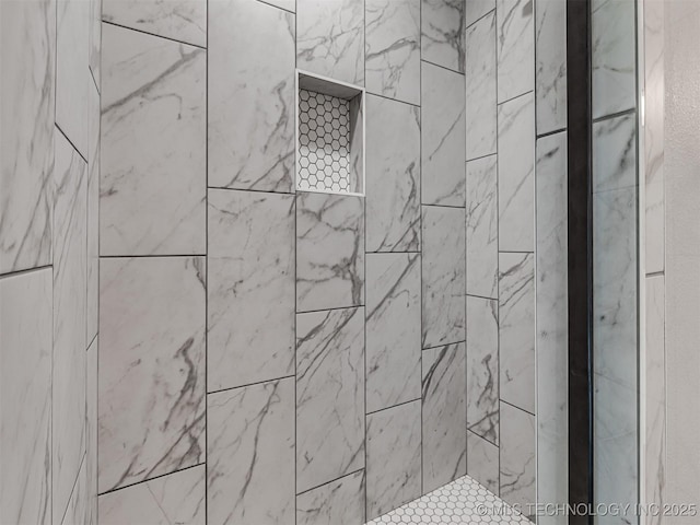 interior details featuring a tile shower