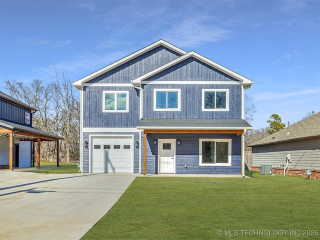 view of front of house with central AC, a garage, and a front lawn