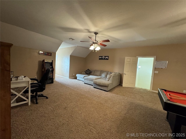 interior space with ceiling fan, lofted ceiling, and pool table