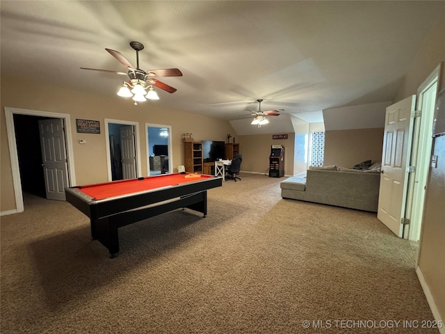 recreation room featuring carpet, ceiling fan, lofted ceiling, and billiards