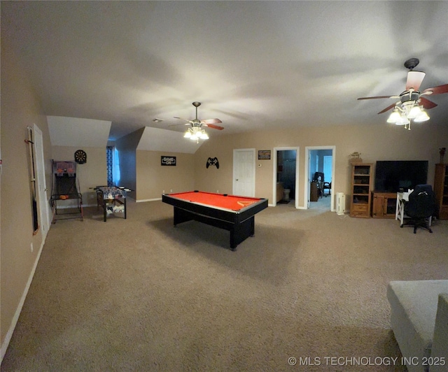 recreation room featuring light colored carpet, ceiling fan, lofted ceiling, and billiards