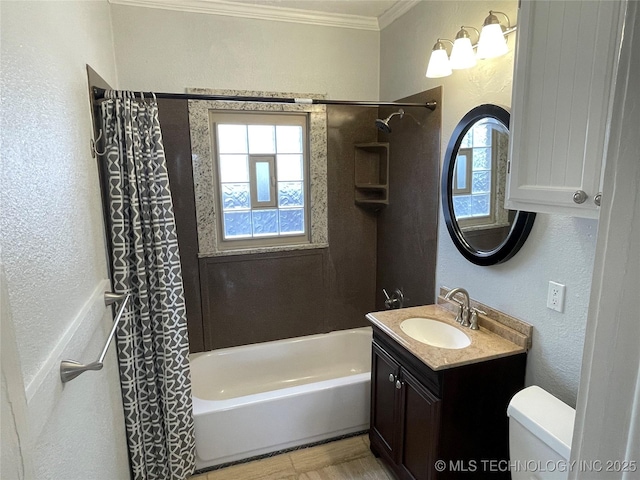 full bathroom with vanity, toilet, shower / bath combo with shower curtain, and crown molding