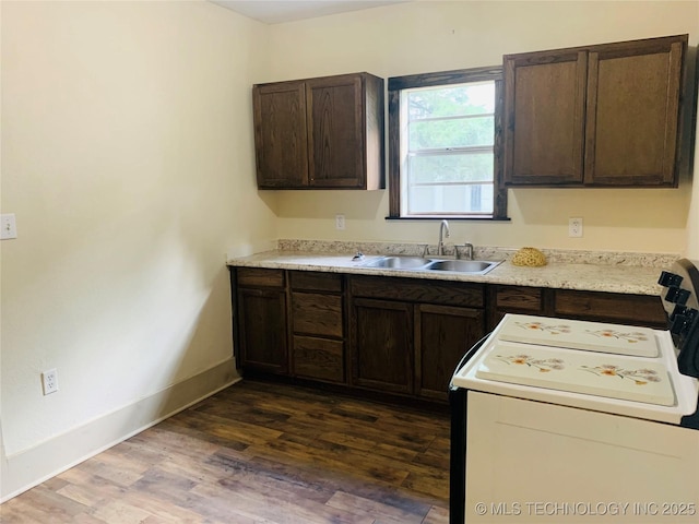 kitchen with dark hardwood / wood-style flooring, dark brown cabinetry, and sink