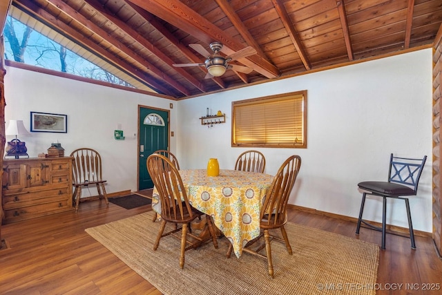 dining room with hardwood / wood-style flooring, ceiling fan, lofted ceiling with beams, and wood ceiling