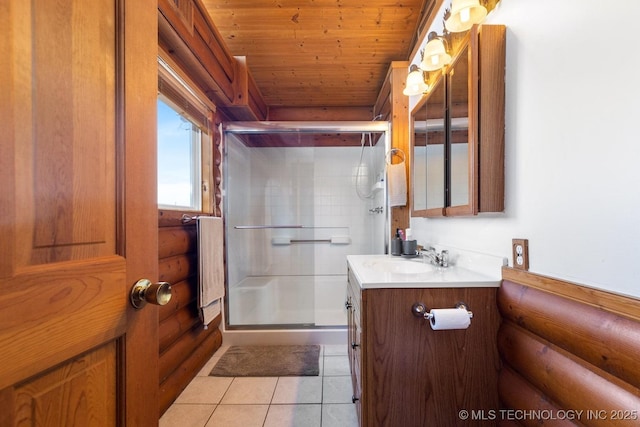 bathroom with tile patterned floors, vanity, wooden ceiling, and walk in shower