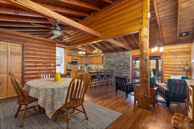 dining space featuring dark hardwood / wood-style flooring, lofted ceiling with beams, ceiling fan, and wooden ceiling