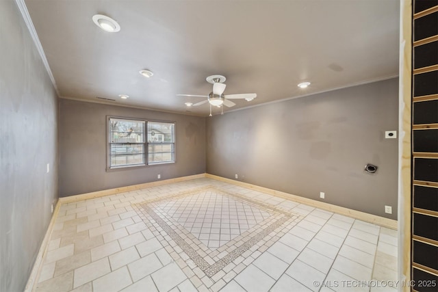 empty room featuring crown molding, ceiling fan, and light tile patterned flooring