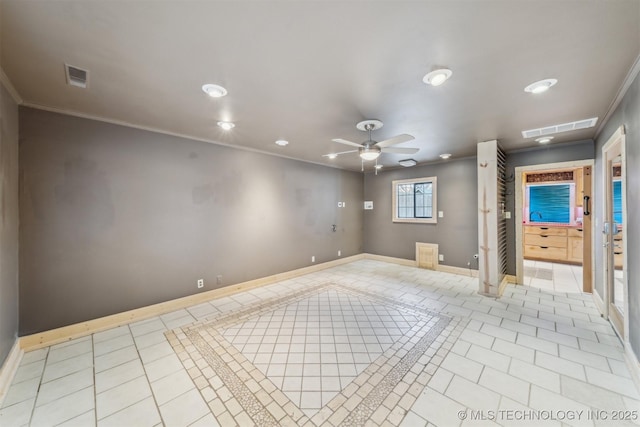 unfurnished room with ceiling fan, ornamental molding, and light tile patterned flooring