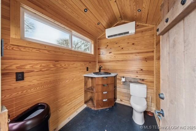 bathroom with wood ceiling, vaulted ceiling, a wall mounted AC, toilet, and wood walls