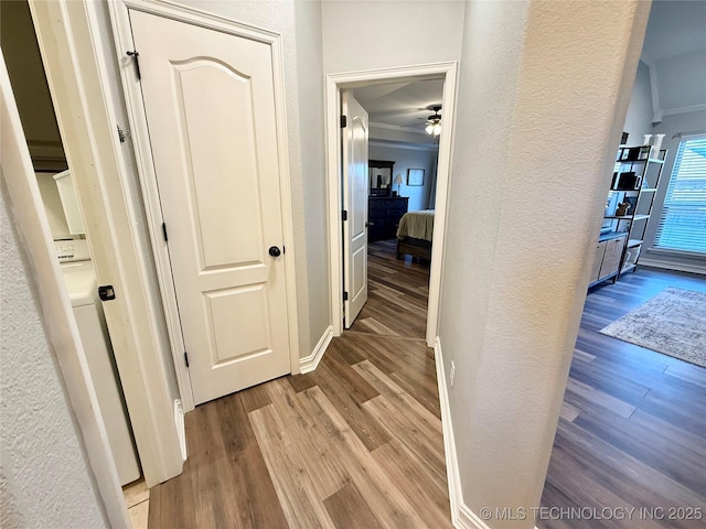 corridor with light hardwood / wood-style floors and crown molding