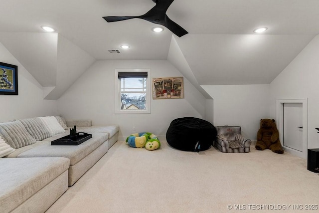 bonus room featuring carpet floors, vaulted ceiling, and ceiling fan