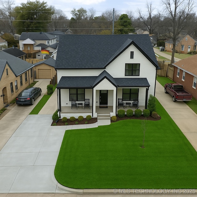 modern farmhouse with concrete driveway, a residential view, covered porch, and roof with shingles