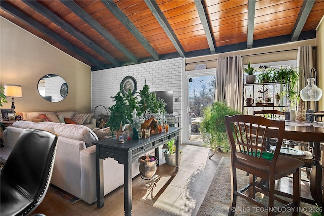 living room featuring wooden ceiling and lofted ceiling with beams