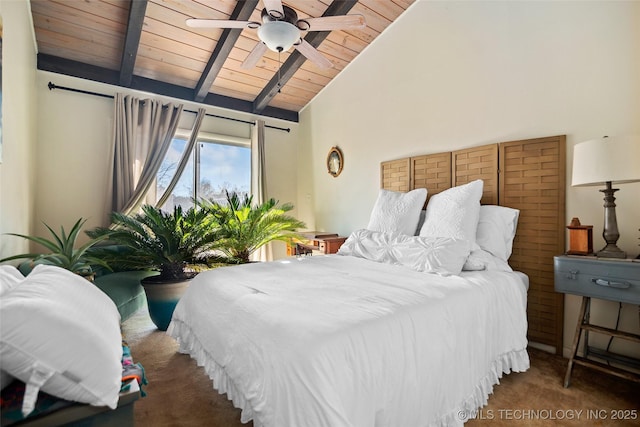 bedroom featuring dark colored carpet, ceiling fan, lofted ceiling with beams, and wooden ceiling