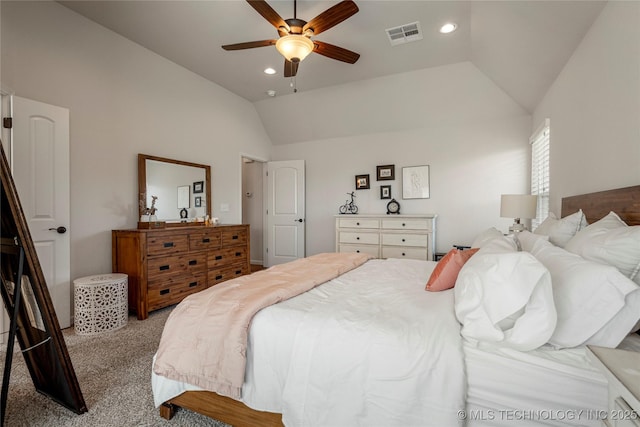 bedroom featuring light carpet, ceiling fan, and lofted ceiling