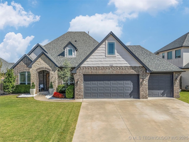 view of front of home featuring a front yard and a garage