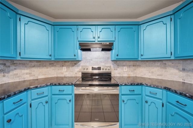 kitchen featuring backsplash, electric range, tile patterned floors, and blue cabinets