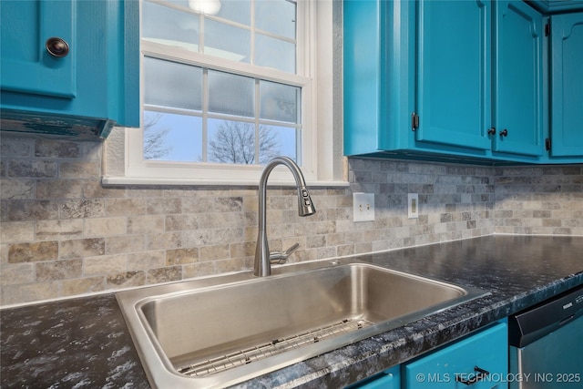 kitchen featuring decorative backsplash, sink, stainless steel dishwasher, and blue cabinets