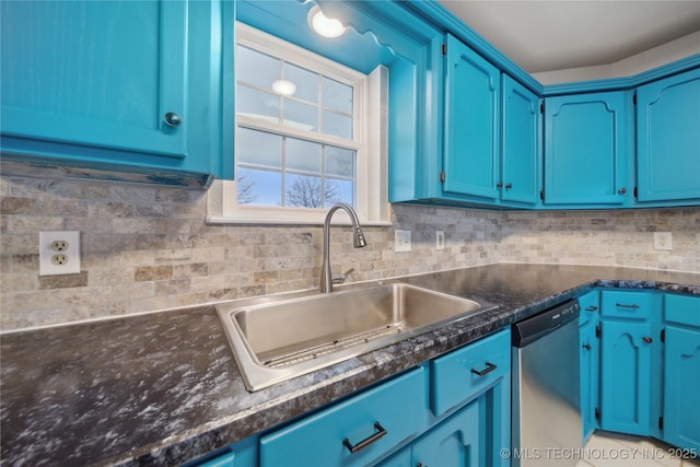 kitchen with stainless steel dishwasher, blue cabinets, sink, and tasteful backsplash