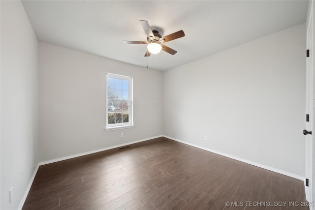 empty room featuring ceiling fan and dark wood-type flooring