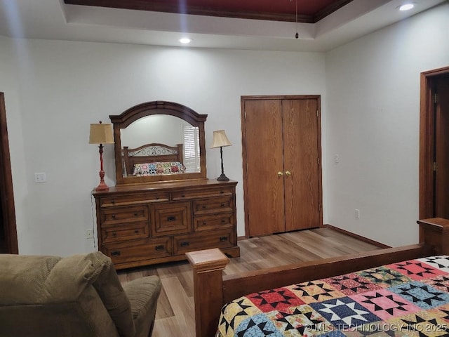 bedroom with a raised ceiling and light hardwood / wood-style flooring