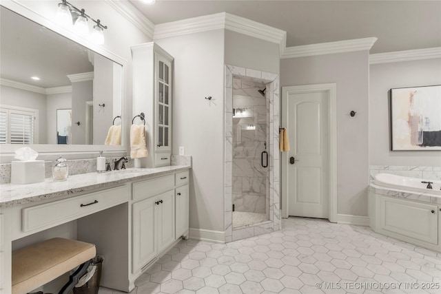 bathroom featuring shower with separate bathtub, vanity, and crown molding