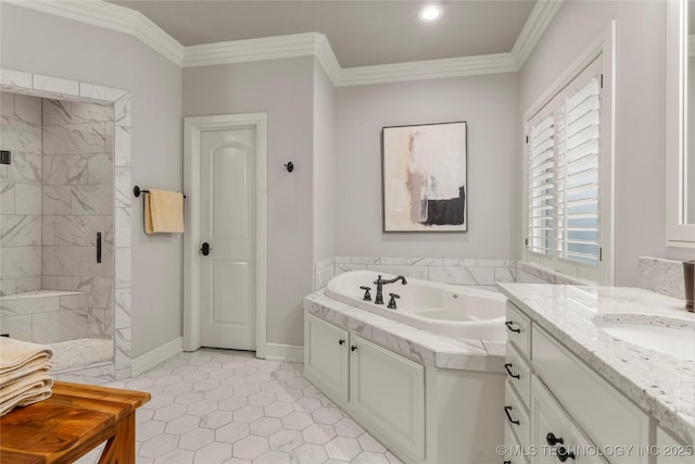 bathroom featuring tile patterned floors, vanity, shower with separate bathtub, and ornamental molding