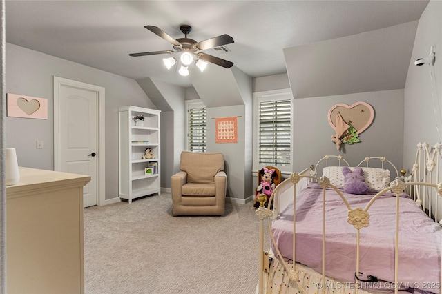 bedroom with ceiling fan and light colored carpet