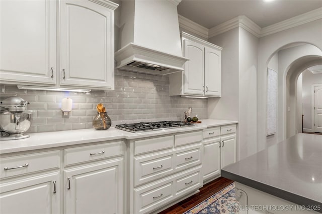 kitchen with backsplash, premium range hood, ornamental molding, stainless steel gas cooktop, and white cabinets