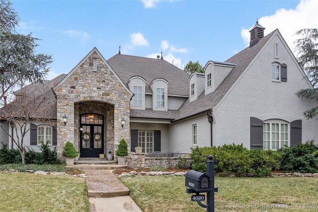 french country inspired facade with french doors and a front yard