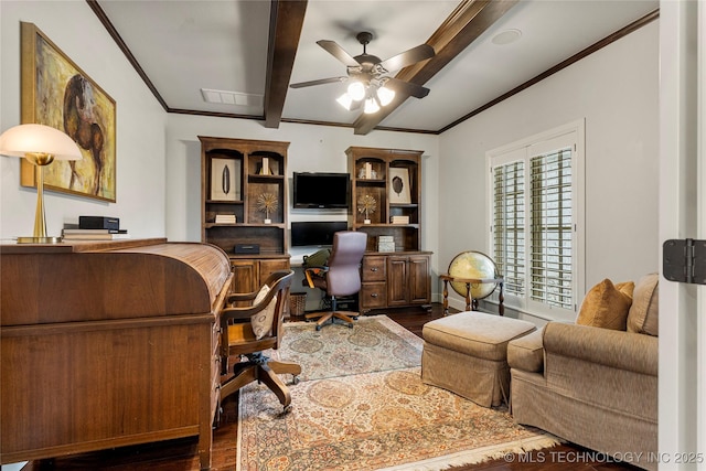 office featuring beamed ceiling, crown molding, ceiling fan, and dark wood-type flooring