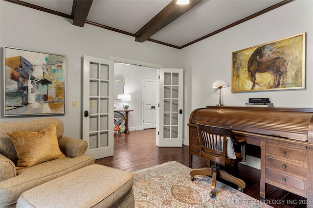 office area with beamed ceiling, dark hardwood / wood-style flooring, ornamental molding, and french doors