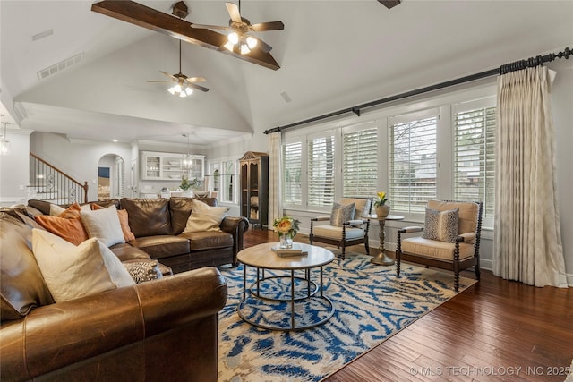 living room featuring plenty of natural light, beamed ceiling, dark hardwood / wood-style floors, and ceiling fan with notable chandelier