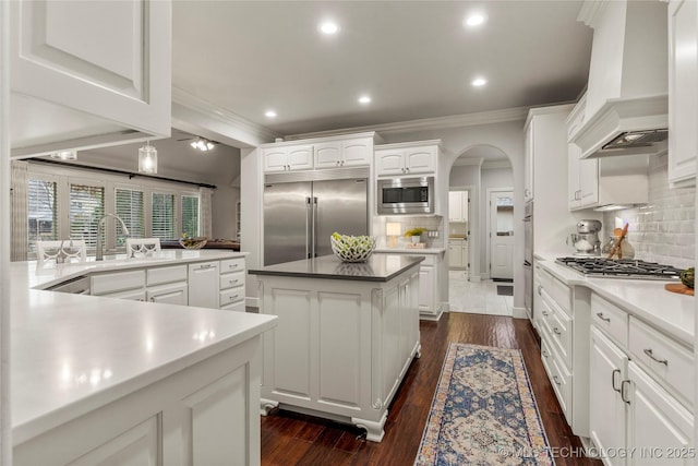 kitchen featuring tasteful backsplash, custom range hood, sink, built in appliances, and white cabinetry