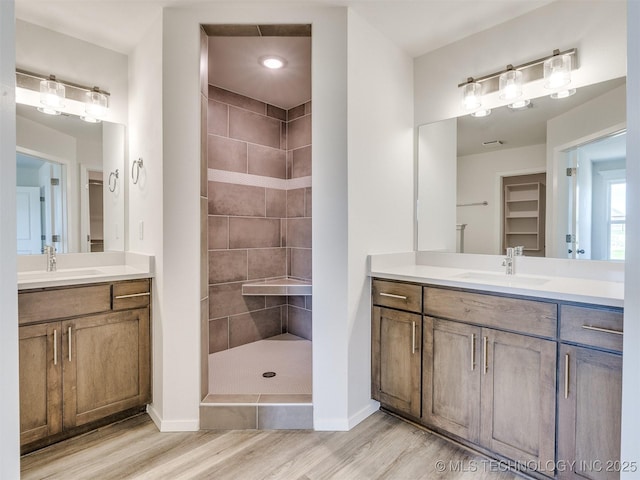 full bathroom featuring baseboards, two vanities, wood finished floors, and a sink