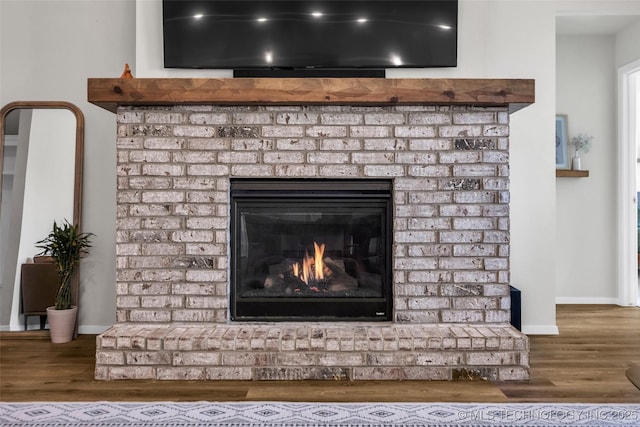 room details featuring a fireplace and wood-type flooring